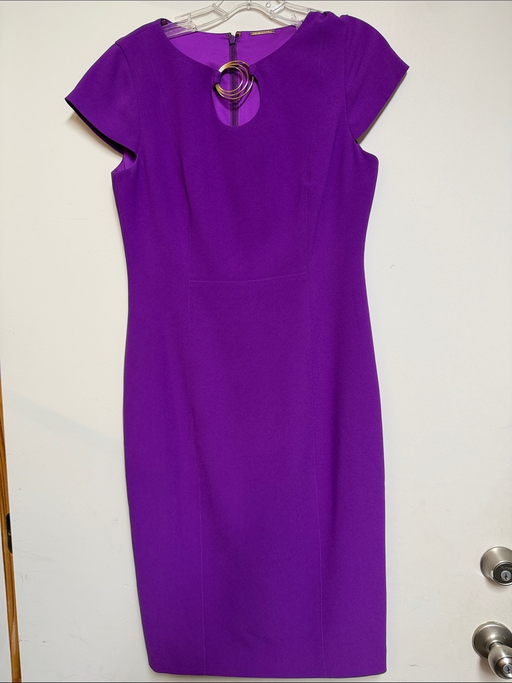 Elie Tahari Vibrant Purple Midi Sheath Dress with Ring Detail